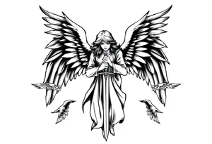 Angel with two wings that are covering its face, two wings covering its feet, and two flying out at its sides while the angel holds a sword tattoo idea