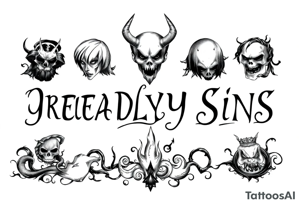 powerful sexy seven deadly sins stencil  with words greed, pride, gluttony, wrath, lust, sloth and envy, with a darkness kind of feeling  and storms tattoo idea