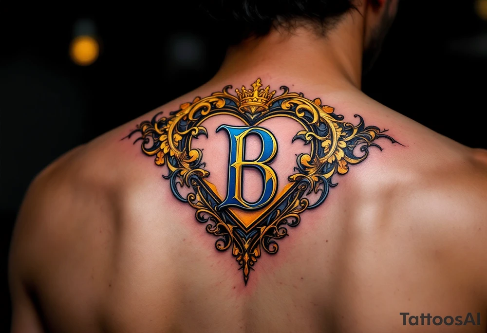 A golden heart with filigree swirls and a deep blue letter "B", evoking a royal and elegant feel. tattoo idea