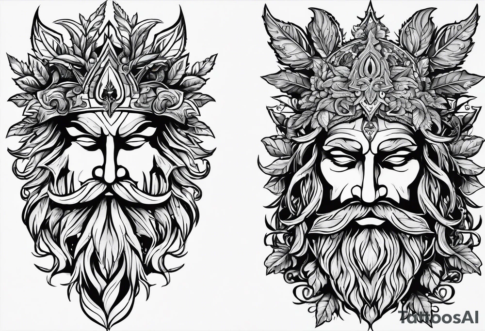 Greenman design on my arm. Relatively simple but Incorporating divine masculine, pagan, Pan, a phallus subtlety in the design as well. Brotherhood. tattoo idea