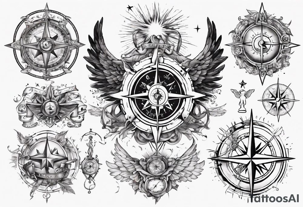 Chest tatoo with sun and letters and compass and angels tattoo idea