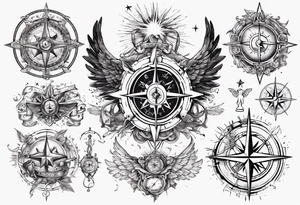 Chest tatoo with sun and letters and compass and angels tattoo idea