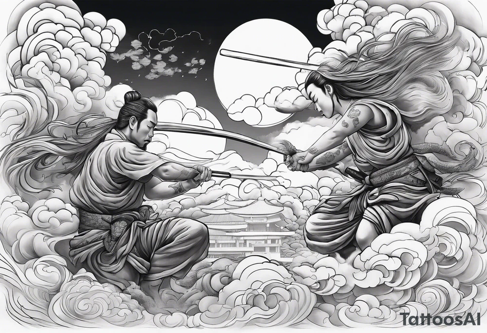two naked humans carving each another with tools japanese clouds tattoo idea