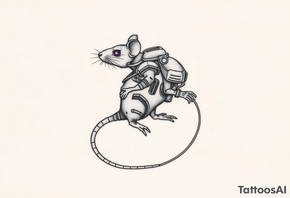 Cybernetic Rat with a Data Cable Tail
A scrappy, survivalist rat with cybernetic limbs and a long tail made of fiber-optic cables.
Could have a small, makeshift backpack with scavenged tech.
Neon elements for the eyes and glowing lines along its body. tattoo idea