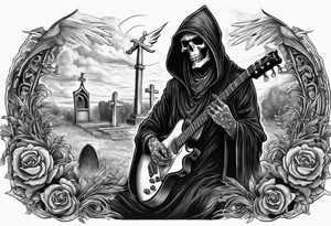 Grim Reaper playing guitar that resembles a scythe
 in a graveyard tattoo idea