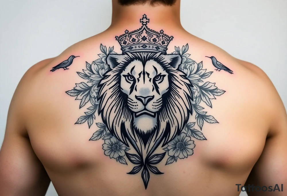 powerful majestic lion with a crown, surrounded by floral ornaments and birds tattoo idea