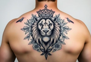 powerful majestic lion with a crown, surrounded by floral ornaments and birds tattoo idea