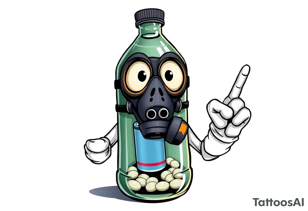 A caricature 2 liter bottle with bulging cartoon eyes and a gas mask on where it’s mouth and nose are supposed to be. Inside the bottle is a lithium battery,and pseudoephedrine tablets, along with a liquid. It has cartoon stick arms with big white gloves one had is holding up his middle finger. It should be dark and grimy looking as if a person had been up for some days and the middle finger on the right hand should be up tattoo idea