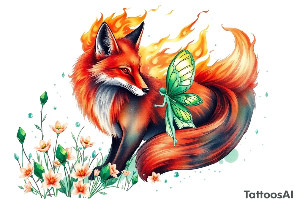 Fox made of fire with a fairy standing close to it  in a field of lillys and emerald jem stones tattoo idea