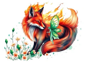 Fox made of fire with a fairy standing close to it  in a field of lillys and emerald jem stones tattoo idea