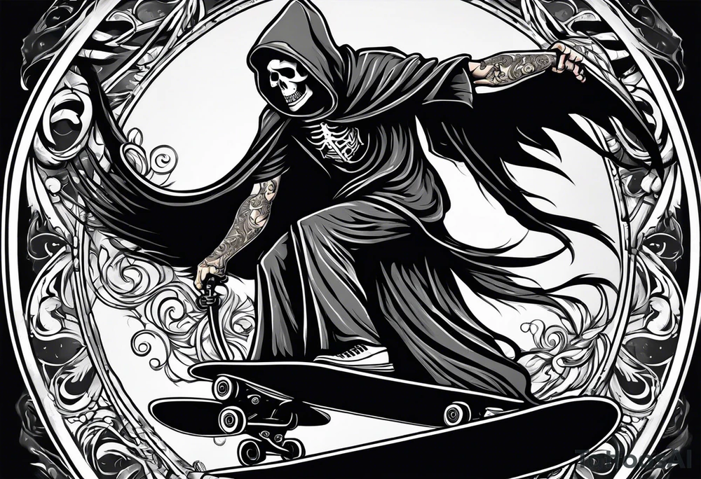 the grim reaper riding a skateboard with an angel halo above his head tattoo idea