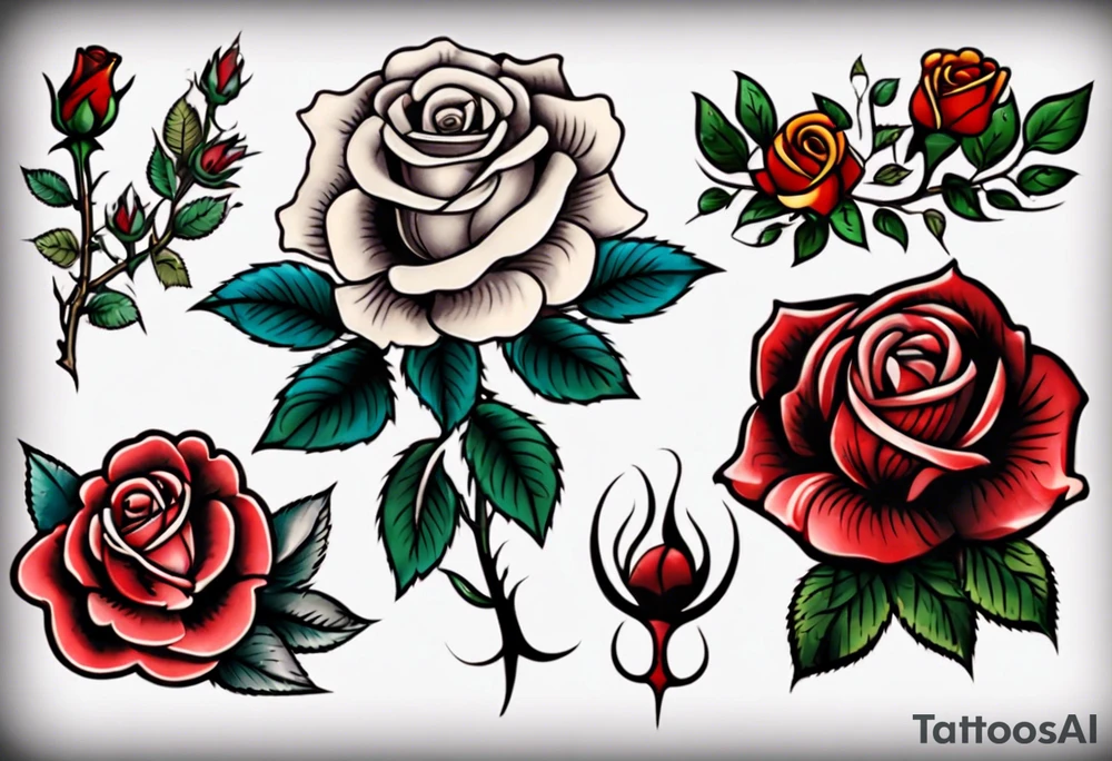 Traditional rose with three traditional flowers around it tattoo idea