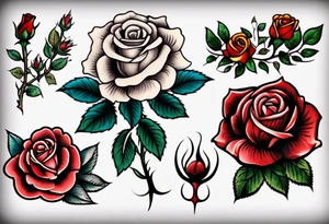 Traditional rose with three traditional flowers around it tattoo idea