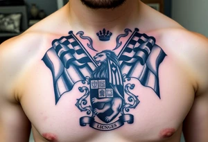 Racing flags, with a chessboard, smoke & a lion family crest tattoo idea