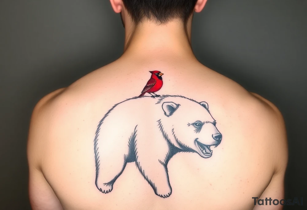 Realistic bright red cardinal perched on a large bear tattoo idea