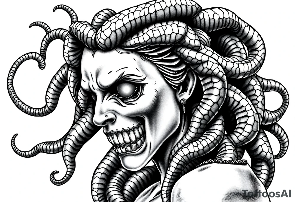 Scary Greek female god medusa with snake hairs tattoo idea