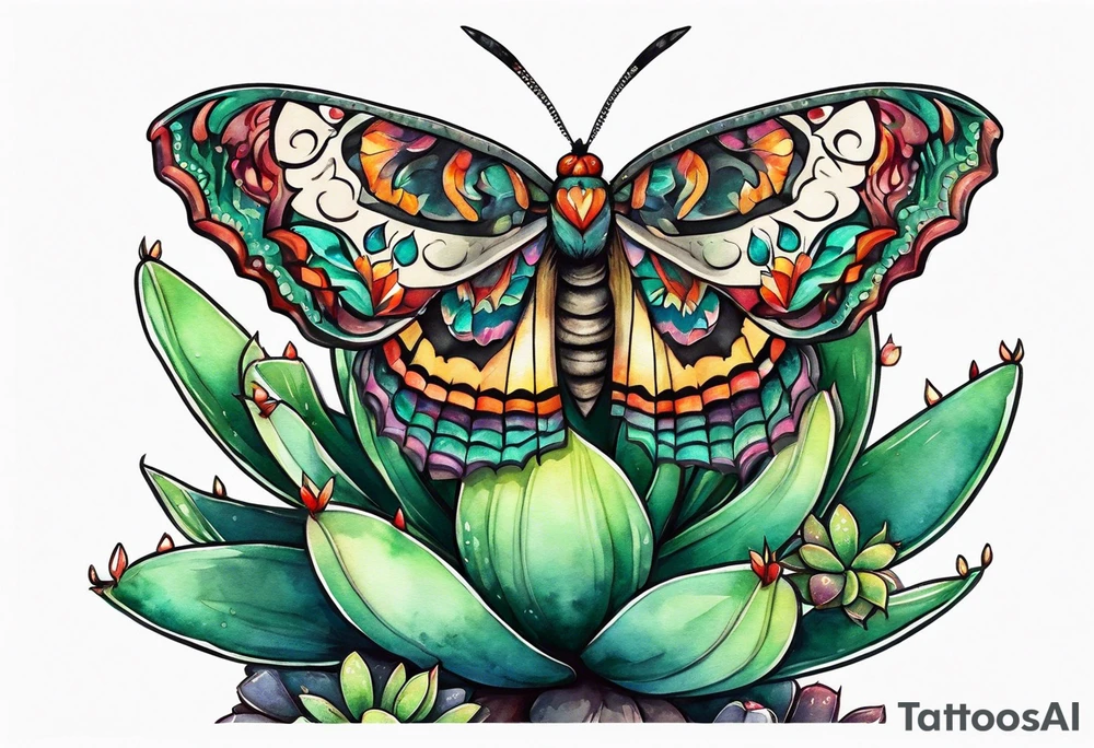 Modern Mexican style small moth with succulents in a garden with cactus tattoo idea