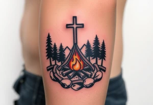 Campsite with a campfire with a cross tattoo idea