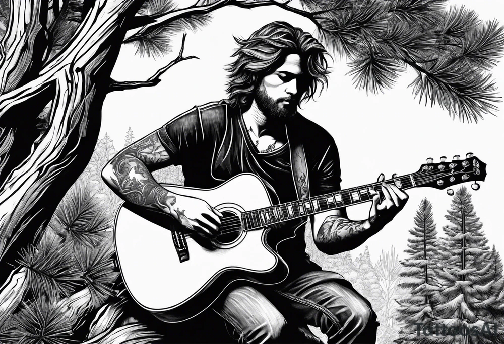 man playing electric guitar while sitting in a pine tree. simple tattoo idea