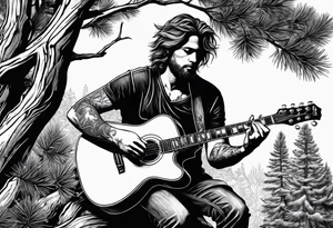 man playing electric guitar while sitting in a pine tree. simple tattoo idea