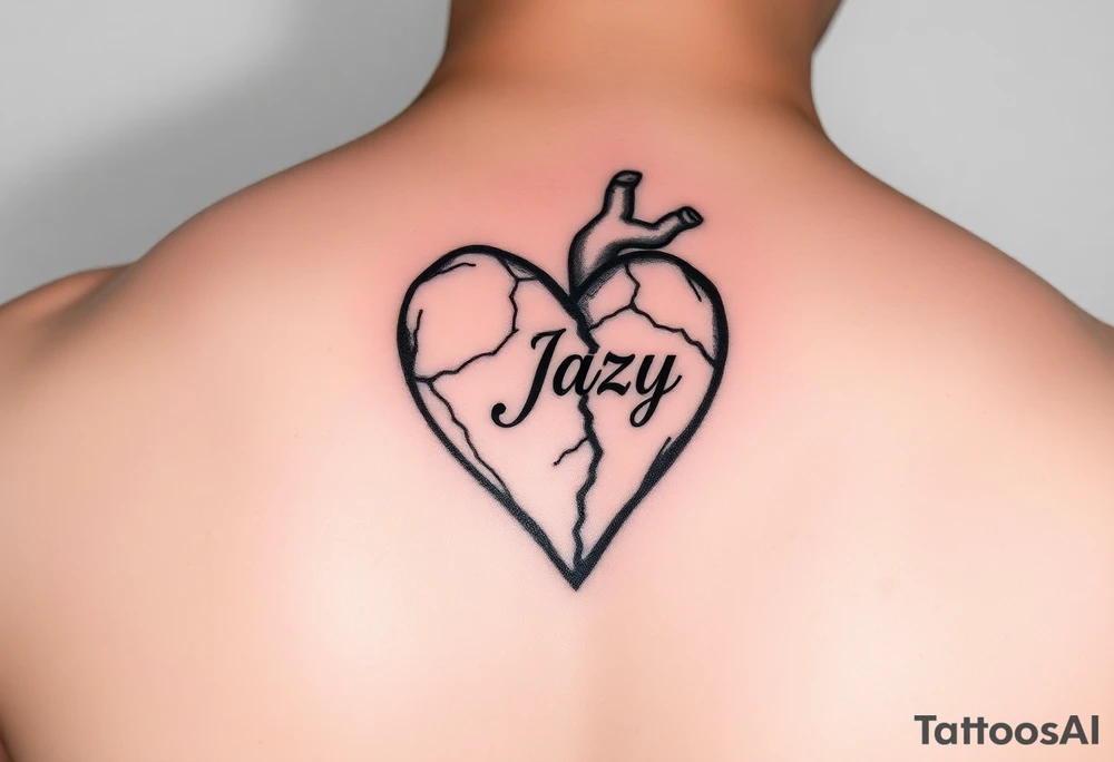 upper arm tattoo -broken heart of a deceased best friend with the name Jazy incorporated tattoo idea