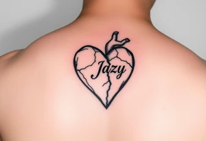 upper arm tattoo -broken heart of a deceased best friend with the name Jazy incorporated tattoo idea
