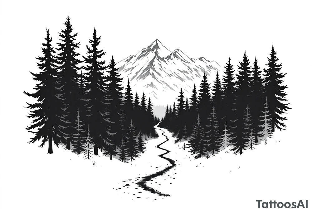 A minimalist design with a narrow path cutting through a dense forest, leading toward snow-capped mountains in the distance. The contrast between the dark woods (from Exile) and the snow-covered mountains (from Out of the Woods) shows the transition from hardship to hope. The path could be subtly winding, suggesting that the way forward is unclear, yet still leading to something more peaceful. tattoo idea