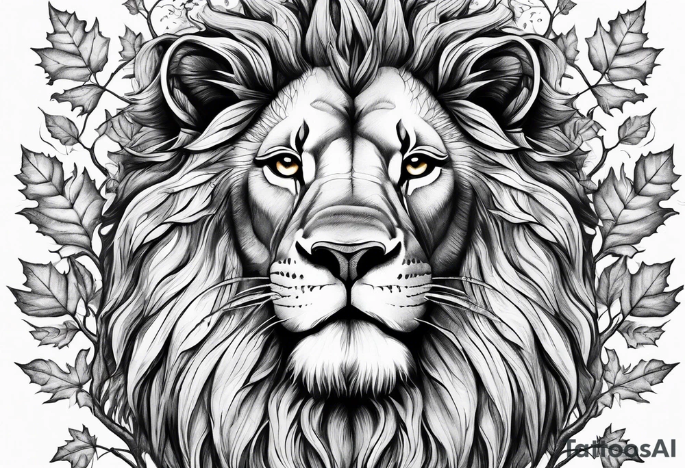 The lion of Judah, which is Jesus Christ, is tied and intertwined within a maple tree. tattoo idea