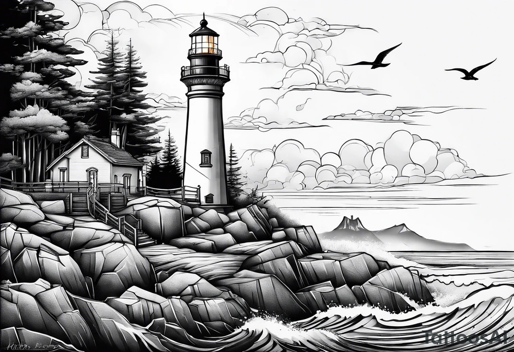 maritime lighthouse partially hidden by its  large fixed sails. tattoo idea