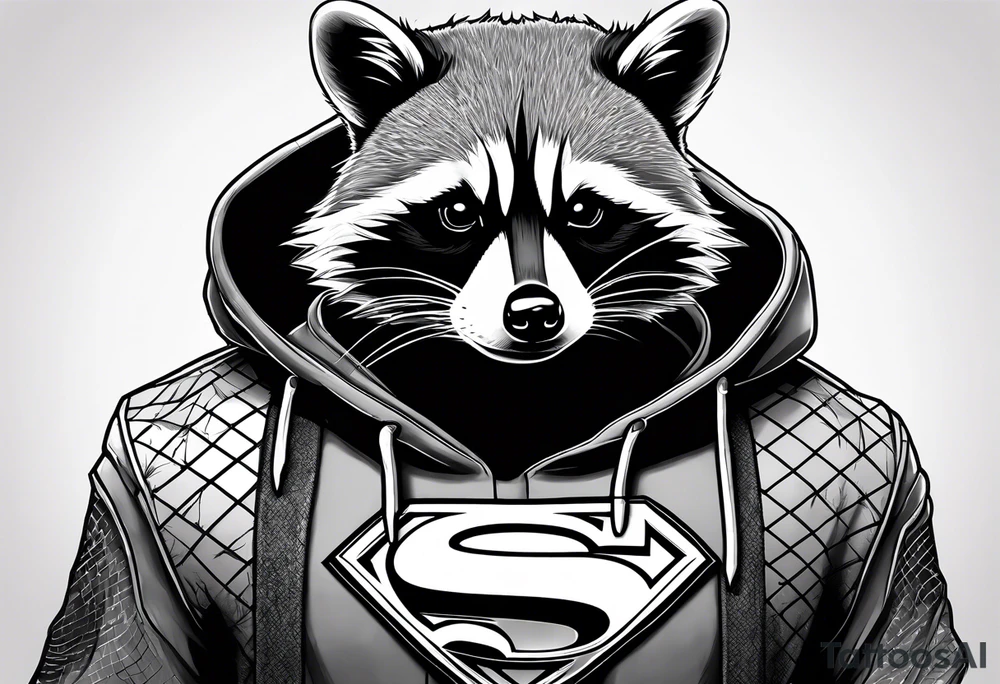 Raccoon wearing a Superman hoodie tattoo idea