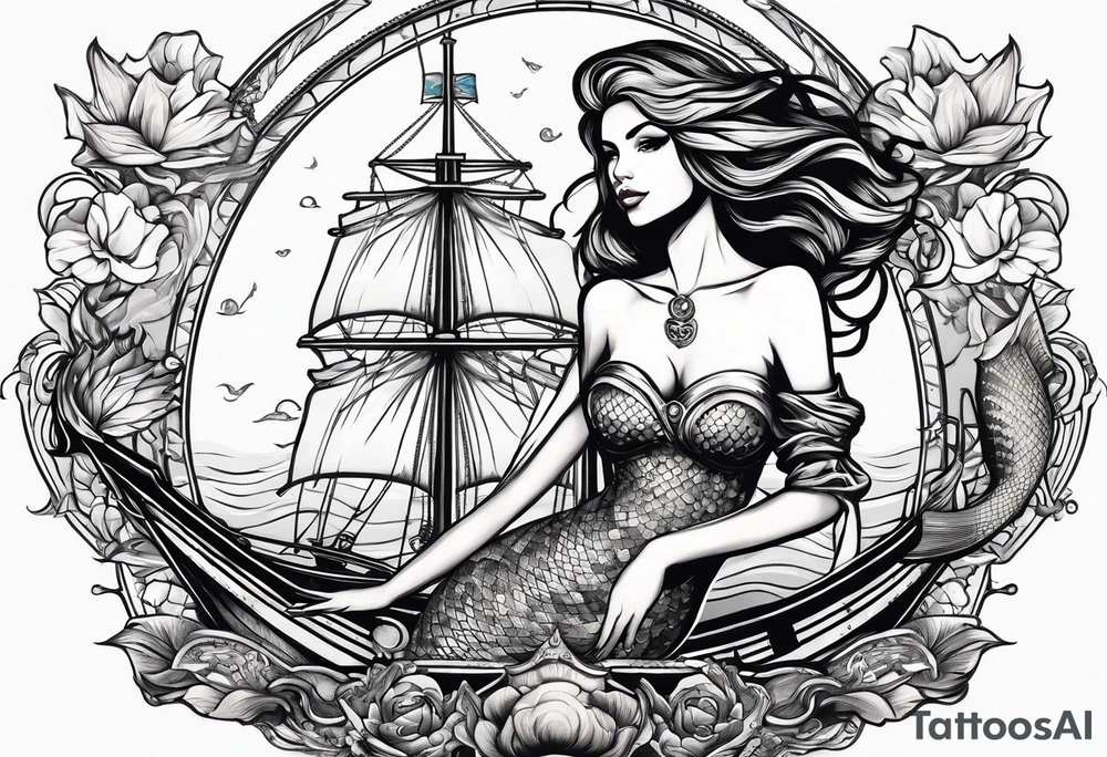 mermaid with galleon ship tattoo idea