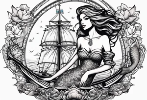 mermaid with galleon ship tattoo idea
