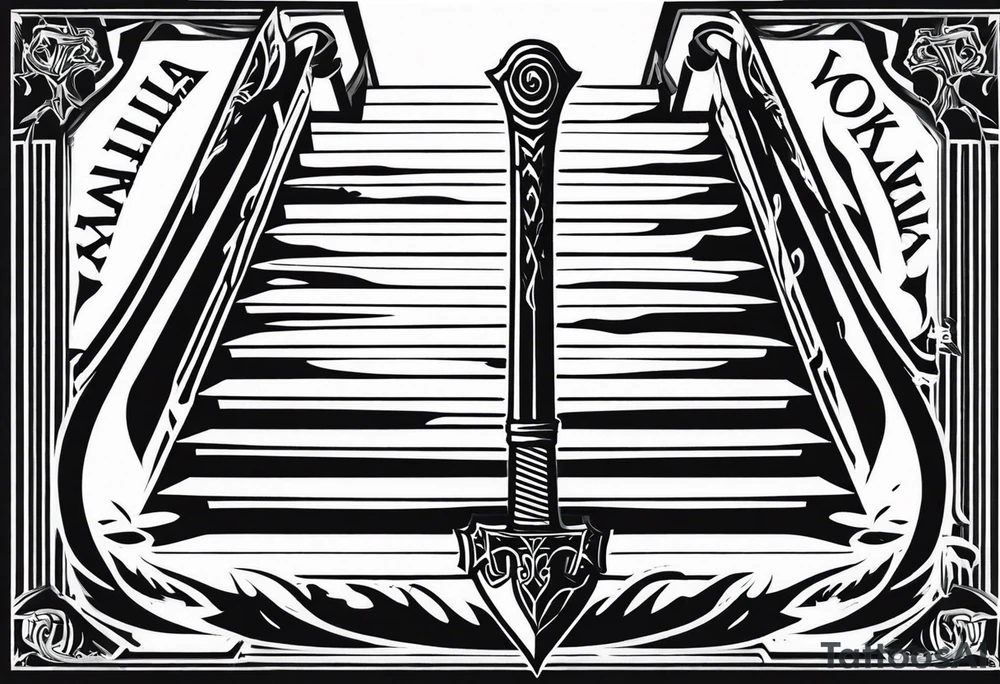 Valhalla 
 sword stairs axe mist tattoo idea