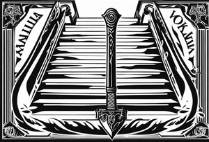 Valhalla 
 sword stairs axe mist tattoo idea
