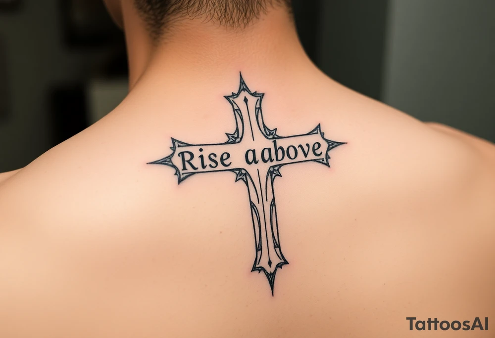 cross tattoo with thorns saying rise above all tattoo idea