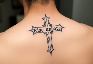 cross tattoo with thorns saying rise above all tattoo idea