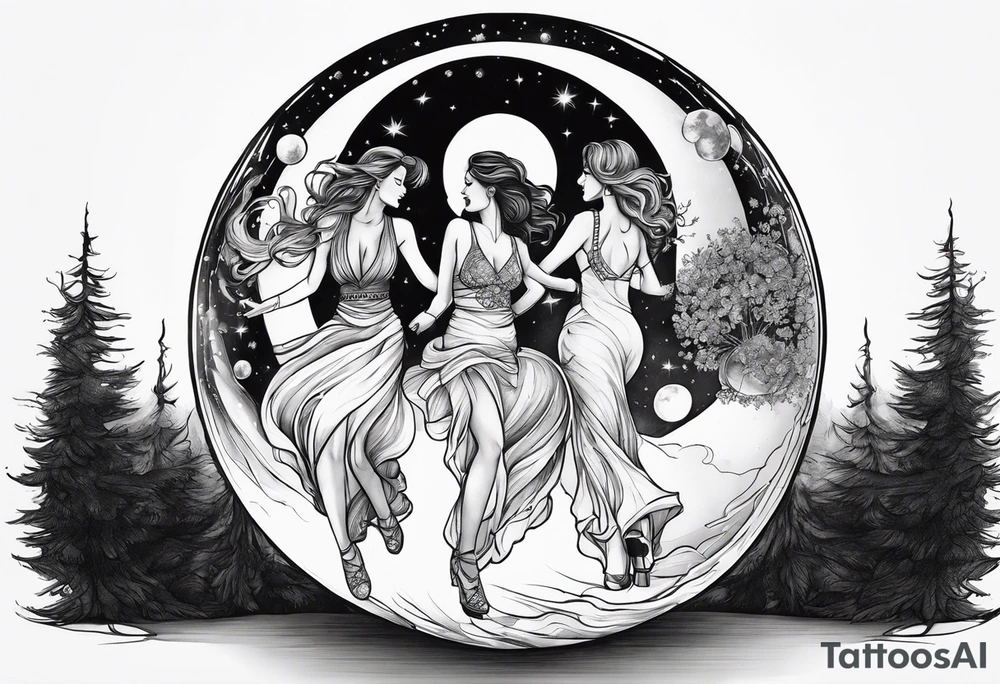 crystal ball that shows three women dancing underneath a full moon tattoo idea crystal ball that shows three women dancing underneath a full moon tattoo idea