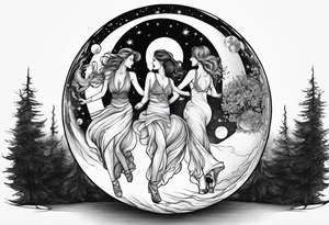 crystal ball that shows three women dancing underneath a full moon tattoo idea