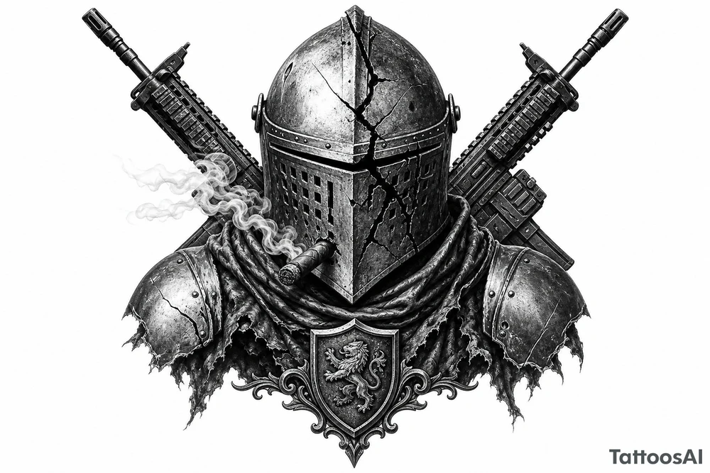 Knight's helmet visor cracked, cigar smoldering, rifles angled in background. tattoo idea