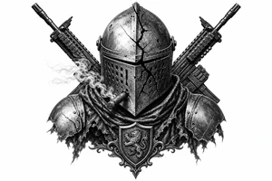 Knight's helmet visor cracked, cigar smoldering, rifles angled in background. tattoo idea