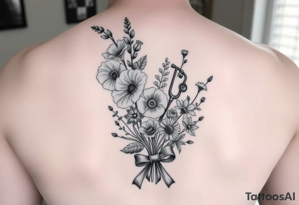 black and white tattoo with a bouquet of hollyhocks, one wild rose, and two wild flowers. Put a stethoscope along side seperately from the bouquet. Include three names among the flowers: June Etta, Roxy, and Rosalie. make the bouquet have a ribbon bow towards the bottom holding the flowers like they had just been picked from the garden tattoo idea
