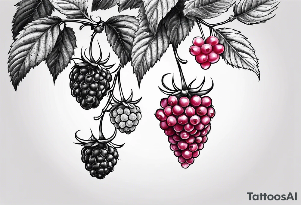 a long raspberry branch that is hanging upside down with small raspberries on it tattoo idea