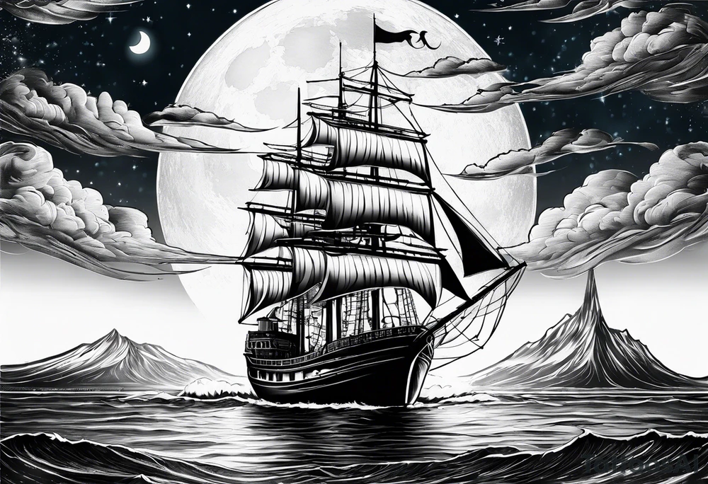 bateau, phare maritime et lune bleu tattoo idea