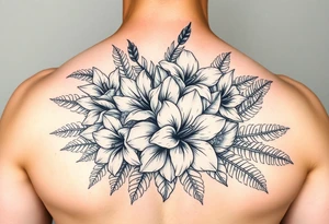 Bouquet made of birth flowers for the months of April May, June and August with exotic foliage like fern leaves and Monstera for arm sleeve tattoo idea
