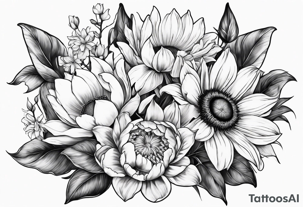 Bouquet with sunflower, lily, peony, cherry blossom and tulip tattoo idea