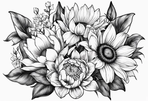 Bouquet with sunflower, lily, peony, cherry blossom and tulip tattoo idea