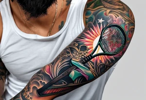 Arm tattoo sleeve include ak-47, tennis racket, fitness, motivational quote, sun, tattoo idea