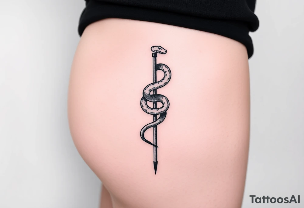 Snake tatto graphic on the hip. Positioned on the hip bone and lower closer to lady parts and leg. Snake symbolically wrapped over the pole (pole dance one). Minimalistic graphic style. Only snake and pole. Positioned horizontally, Pole vertically (not just Pole but a special pole for pole dance, but not to much details). On hip bone. Placed horizontally from the hip bone to pelvic tattoo idea
