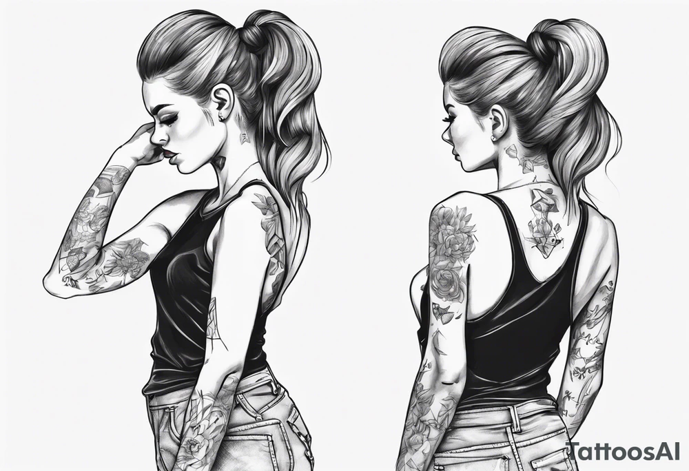 Cute girl tying her hair at the back of her head. She is wearing a sleeveless shirt tattoo idea