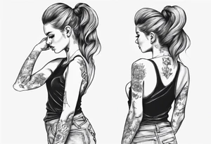 Cute girl tying her hair at the back of her head. She is wearing a sleeveless shirt tattoo idea